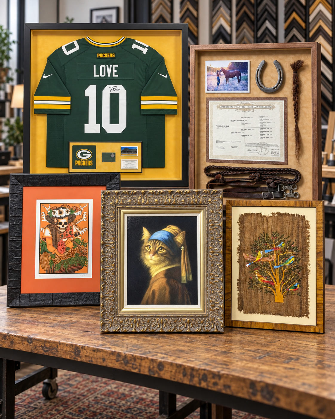 A gallery composition of custom framed artwork, memorabilia, and frame samples